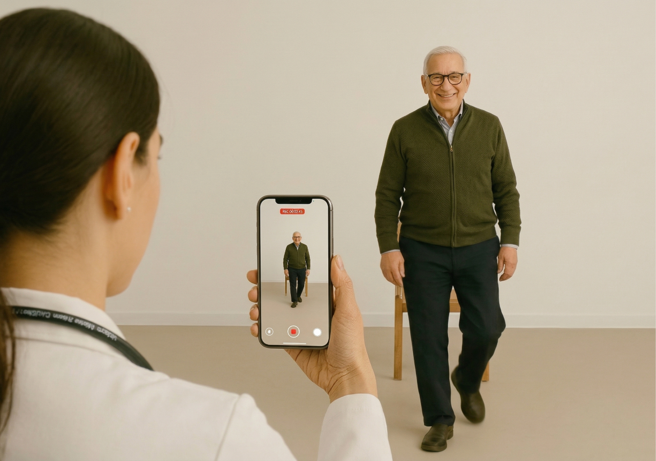 Clinician recording TUG assessment with Mobility Metrics Tracker app